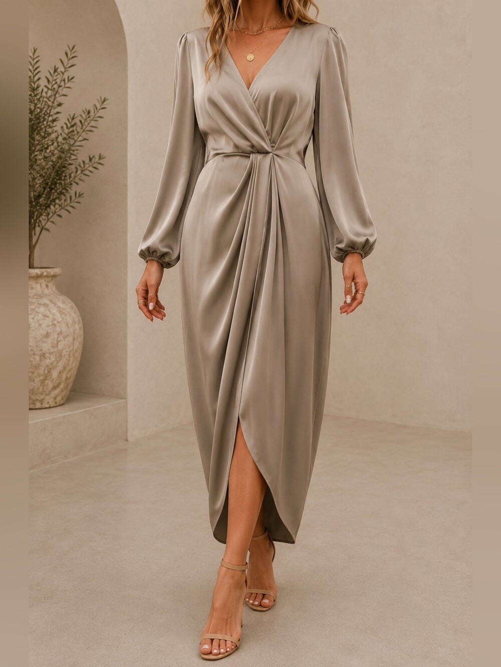 New Draped Wrap Front Lantern Long Sleeve Dress Satin Khaki Tan Neutral - Picture 7 of 9
